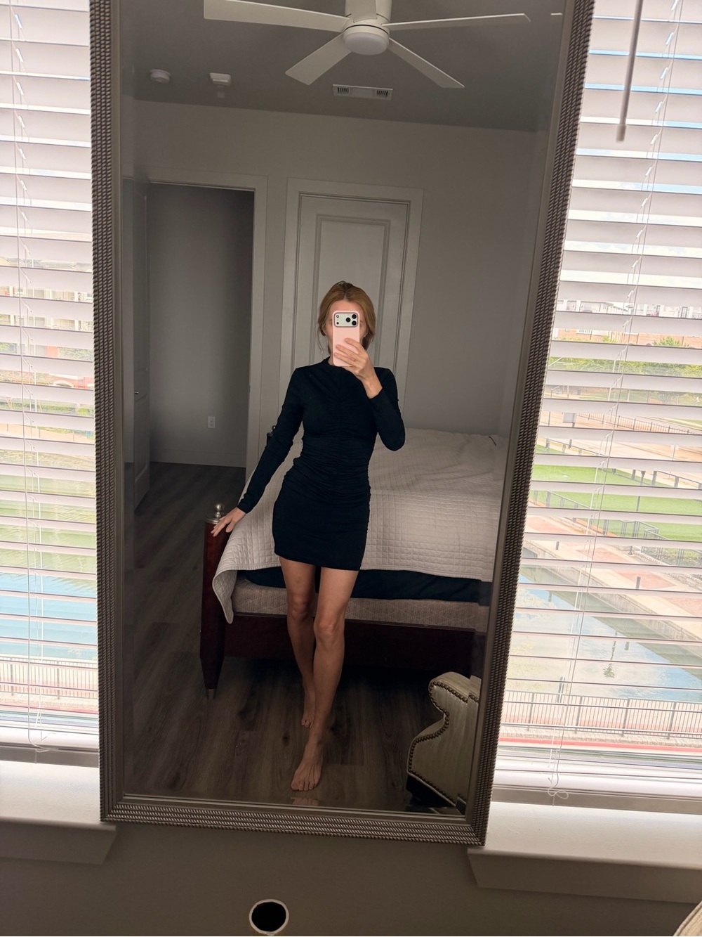 H&M Black Long-Sleeve Ruched Mini Dress